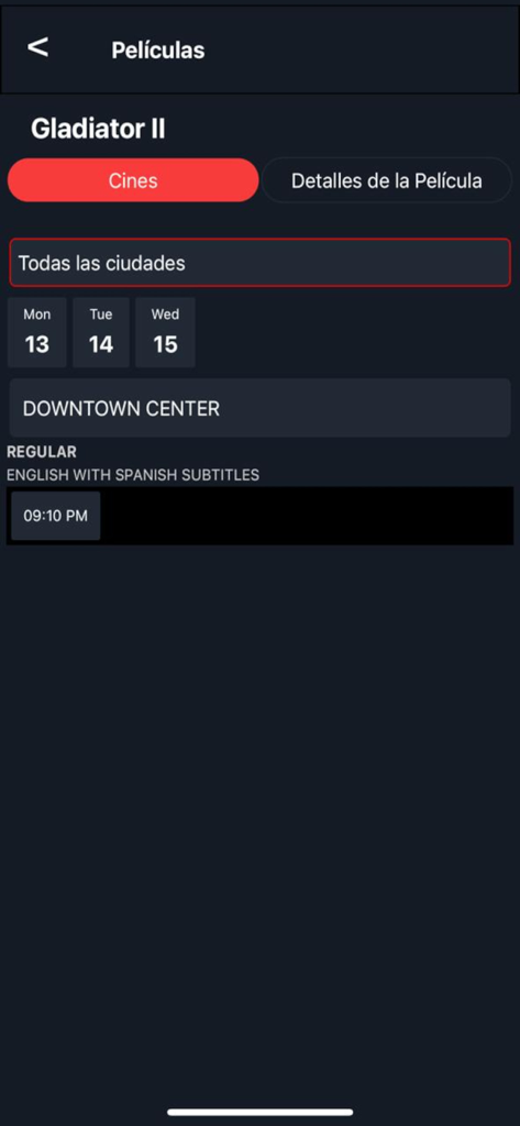Caribbean Cinemas - Interface do aplicativo Caribbean Cinemas mostrando os horários do filme Gladiador II