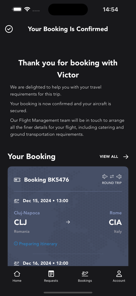 Victor private jet charter app booking confirmation screen showing flight details