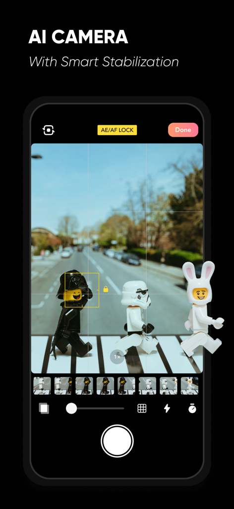 Interface do aplicativo Stop Motion Maker exibindo a câmera de IA com estabilização inteligente e uma linha do tempo de quadros com figuras de brinquedo.