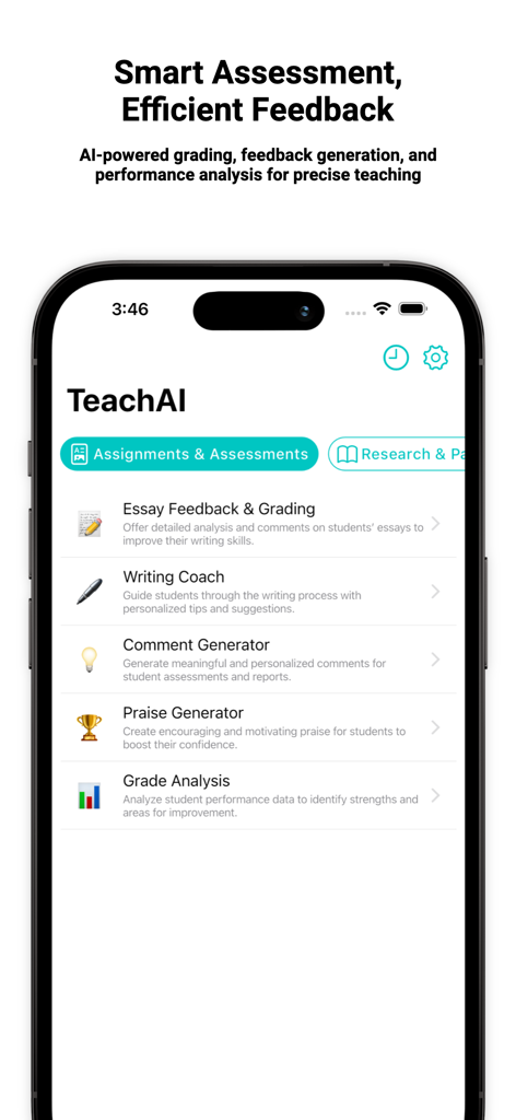TeachAI: AI Teaching Assistant - Pantalla de la aplicación móvil TeachAI que muestra herramientas de IA para la calificación de comentarios de ensayos y entrenamiento de escritura