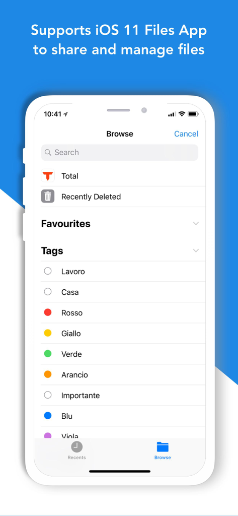 Interfaz de la app Total Files mostrando la integración con Archivos de iOS y etiquetas de archivos en un iPhone
