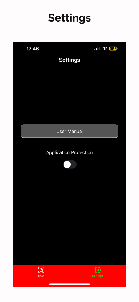 Settings screen of the Protocol O app showing the application protection toggle and user manual link