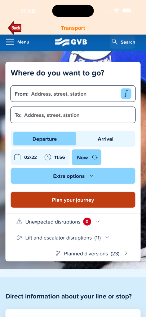 암스테르담 앱 대중교통 화면, 트램과 지하철로 도시를 이동하기 위한 GVB 여정 플래너 포함