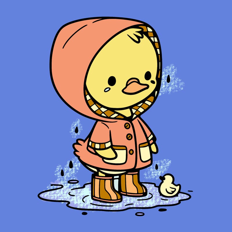 baby duck in a rain coat and boots, in a puddle while it’s raining
