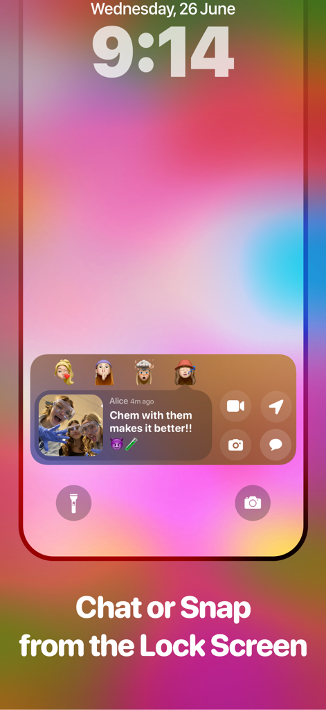 Vibes - BFF mood tracker - A preview of the Vibes app widget on an iPhone lock screen showing a friend's status update with options to chat or snap directly