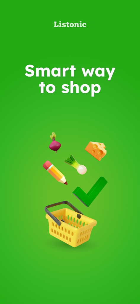 Grocery List - Listonic - Tela do aplicativo Listonic exibindo o slogan Maneira inteligente de comprar com ícones 3D de supermercado e produtividade sobre um fundo verde