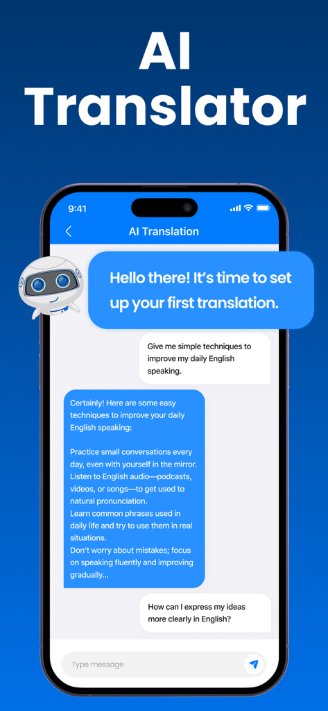 AI Voice Translator: Translate - Aplicativo móvel do Tradutor IA mostrando uma conversa com um assistente robô fornecendo dicas de aprendizado de inglês
