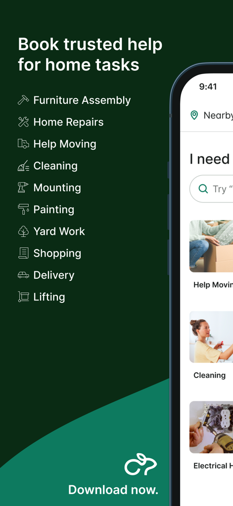 L'interface de l'application Taskrabbit répertorie les services à domicile tels que le montage de meubles et le nettoyage.
