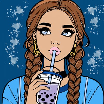 realistic girl with braided hair drinking boba