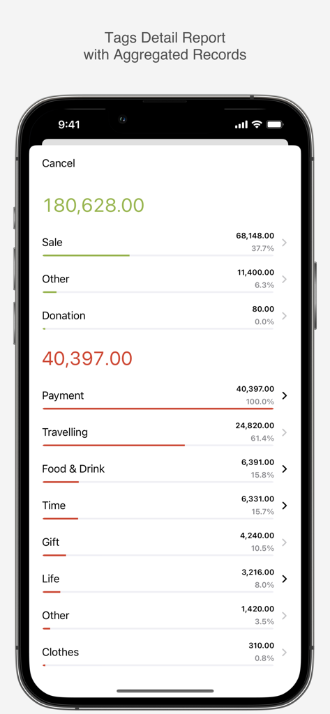 YeNom - YeNom app screen showing aggregated records and detailed tag reports for income and expenses