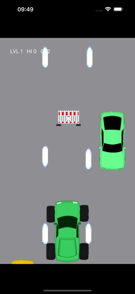 Monster Trucks: Car Smash Race - Top down view of a green monster truck racing and smashing cars on a road