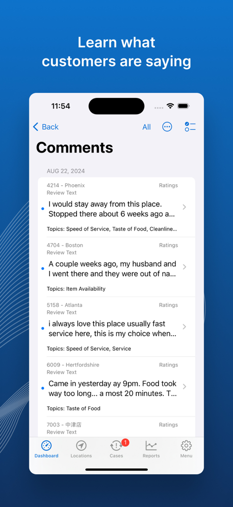 Screenshot of the smg360 app showing a list of customer comments and reviews for different business locations