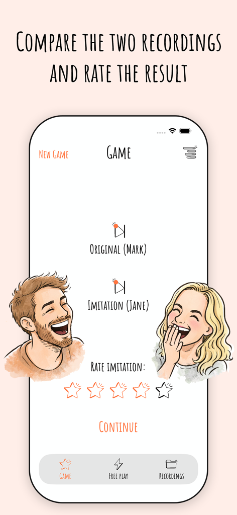 원본 녹음과 모방을 비교하고 결과를 평가하는 방법을 보여주는 Reverse Singing 앱 인터페이스