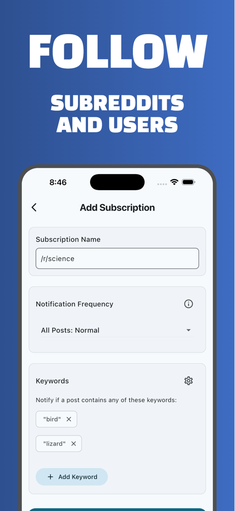 Alerts for Reddit - Interface for adding a Reddit subscription with options for notification frequency and keyword filters