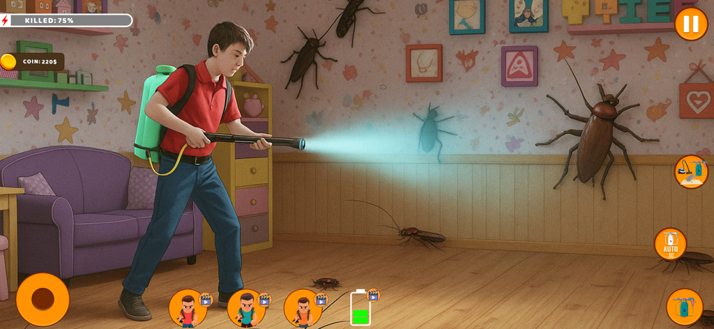 Idle Pest Cleaning Game 3D - A character using a pest control spray tool to eliminate giant cockroaches in a 3D bedroom environment.