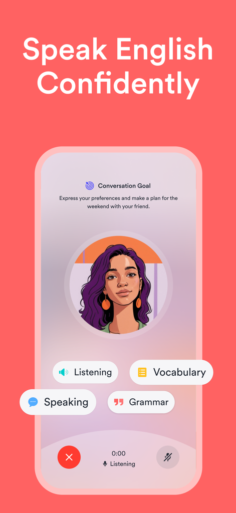 Interface of the EF Hello app showing a conversation goal and learning categories for speaking and grammar