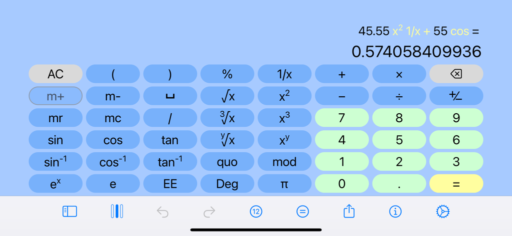 All in One Calculator app interface showing scientific functions and calculation result on an iPad landscape view.