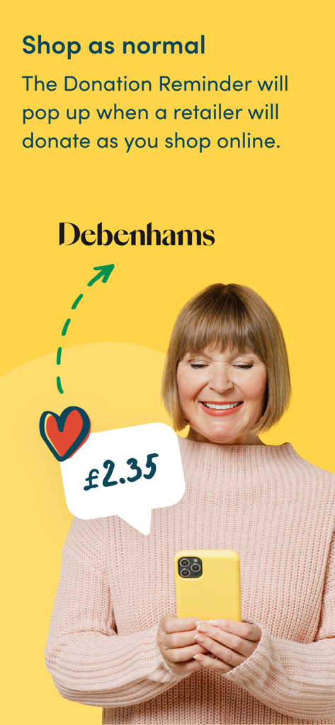 Easyfundraising - A woman smiling while using her smartphone with an easyfundraising donation reminder and a retail brand logo
