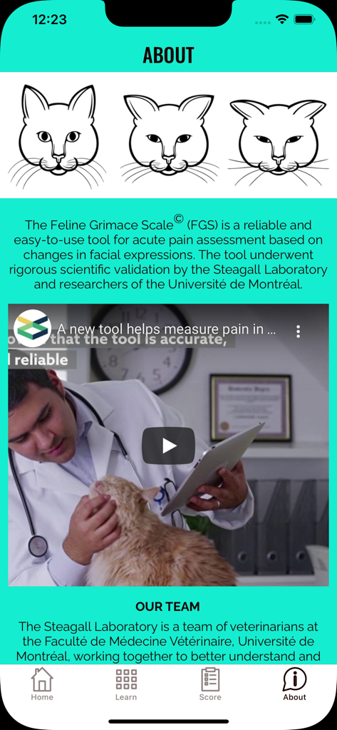 Feline Grimace Scale - The About screen of the Feline Grimace Scale app displaying cat pain assessment diagrams and a video of a veterinarian.