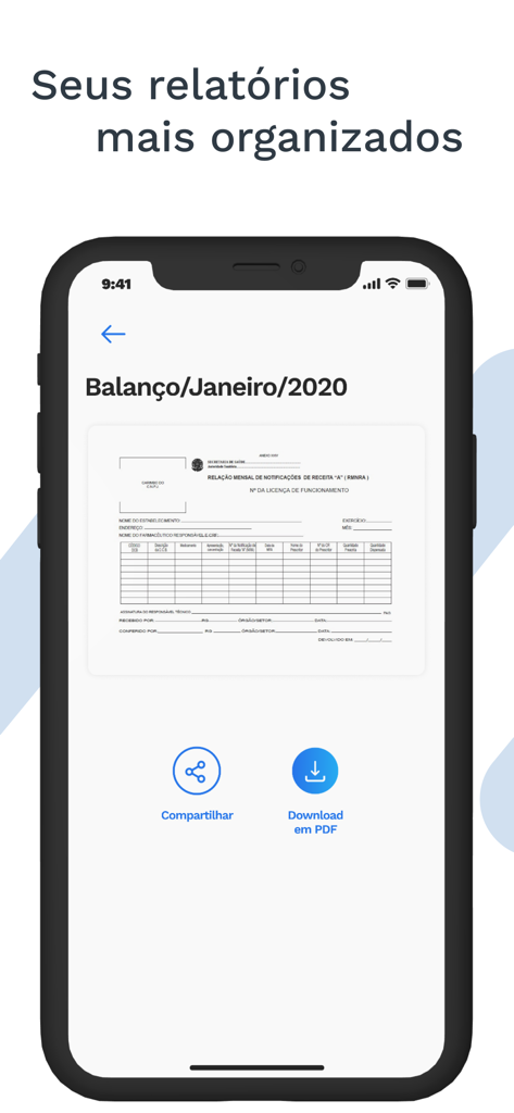 Captura de pantalla de la aplicación Obvia que muestra un informe contable digital para enero de 2020 con opciones para compartir o descargar como PDF.