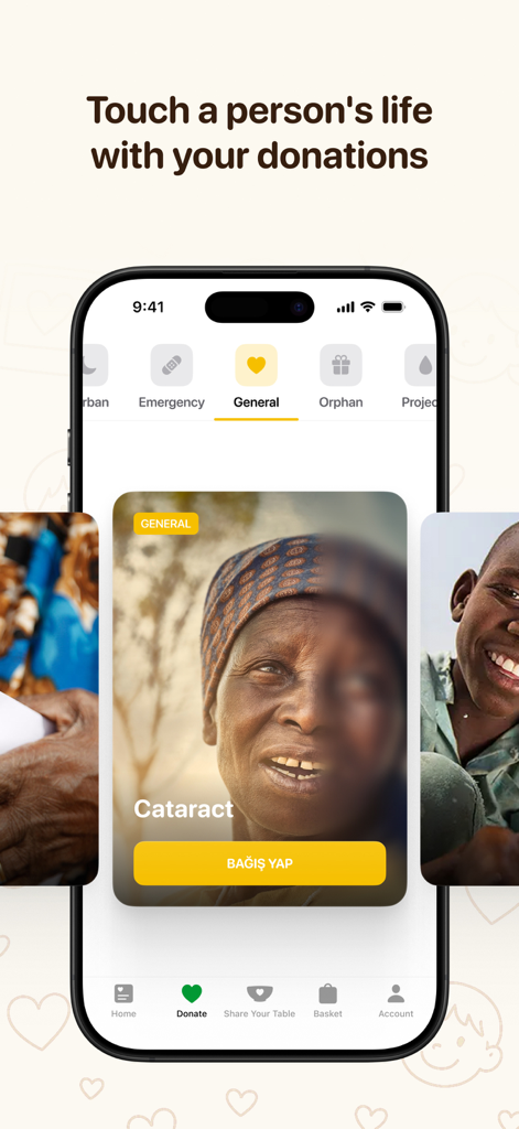 İHH İnsani Yardım Vakfı - Interface de l'application mobile IHH affichant une campagne de don pour la chirurgie de la cataracte et diverses catégories humanitaires.