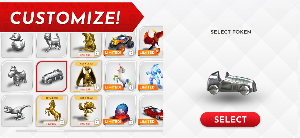 A customization screen in the Monopoly board game app showing various silver and gold tokens for selection