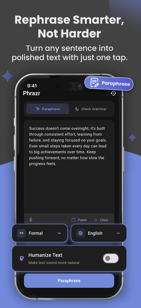 AI Paraphraser: Rephrase App - Interfaz de la aplicación móvil AI Paraphraser que muestra opciones de reescritura de texto con estilo formal y función de humanización de texto