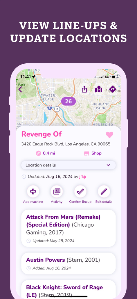 Pinball Map app screen showing a list of pinball machines at a venue in Los Angeles