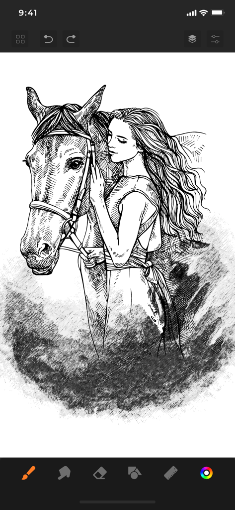 Digital black and white sketch of a woman hugging a horse in Sketchbook app