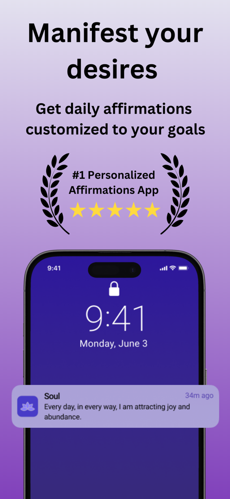 Manifest & Affirmations - Soul - Notificación de la aplicación Soul mostrando una afirmación personalizada en una pantalla de iPhone