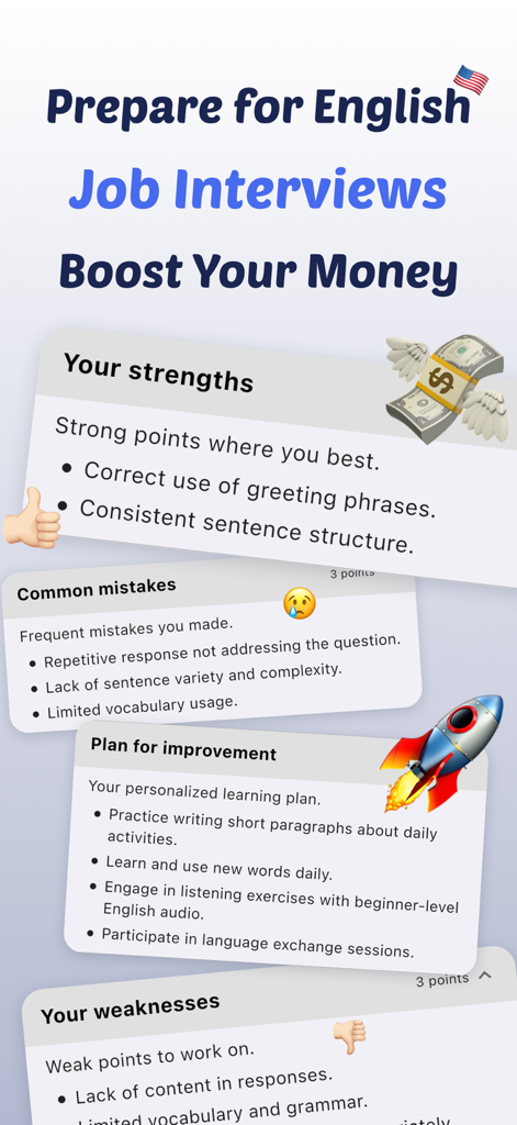 English Level Test - English Level Test app interface showing personalized feedback on strengths, weaknesses, and a plan for improvement to prepare for job interviews.