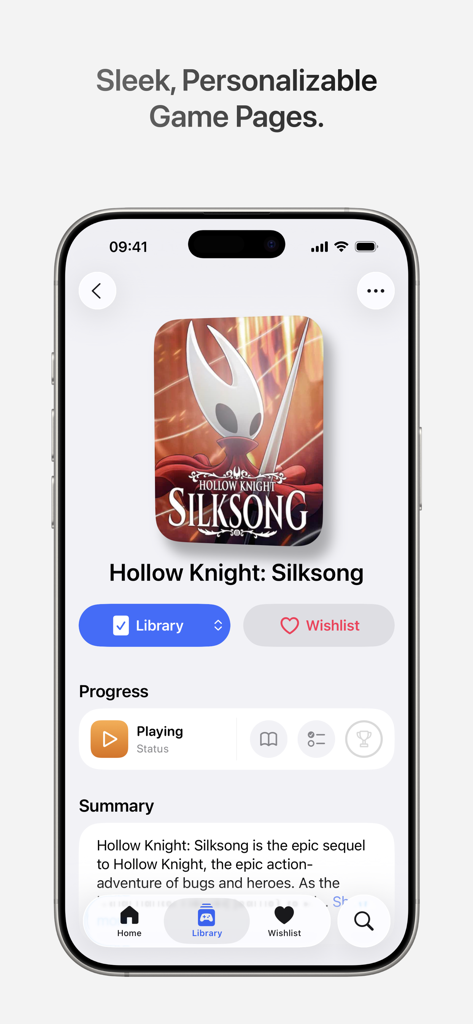 Gamery - Track Your Games - Interface de l'application Gamery affichant la page de détails du jeu pour Hollow Knight Silksong