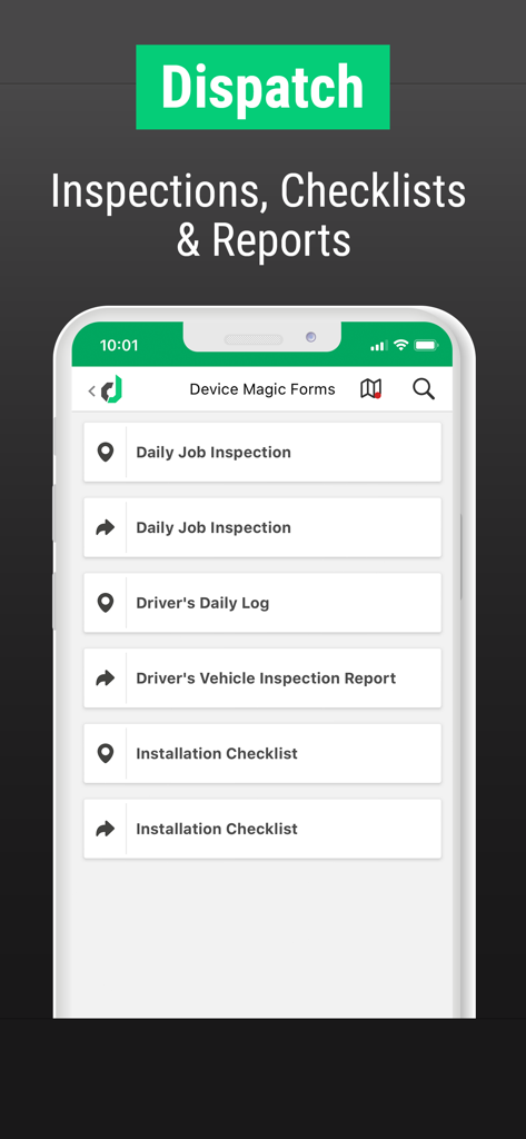 Interfaz de la aplicación Device Magic que muestra una lista de formularios móviles, incluyendo inspecciones diarias de trabajos e informes de vehículos.