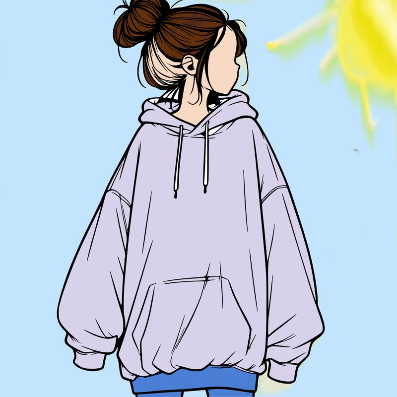 realistic girl with a oversized sweatshirt on and a bun