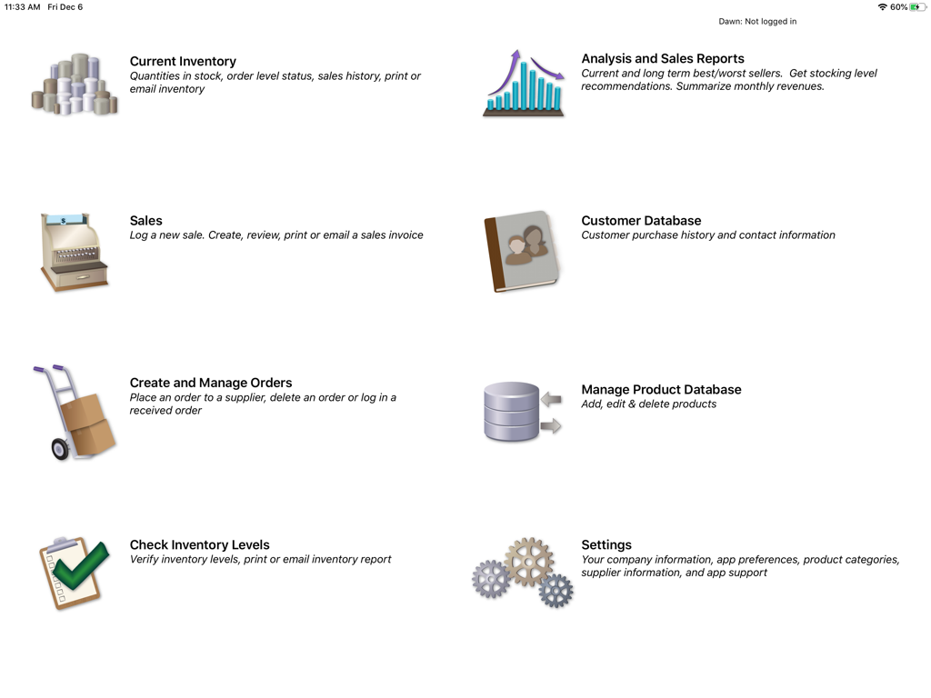 On Shelf - Main dashboard of the On Shelf inventory management app on iPad showing features like inventory sales reports and customer database