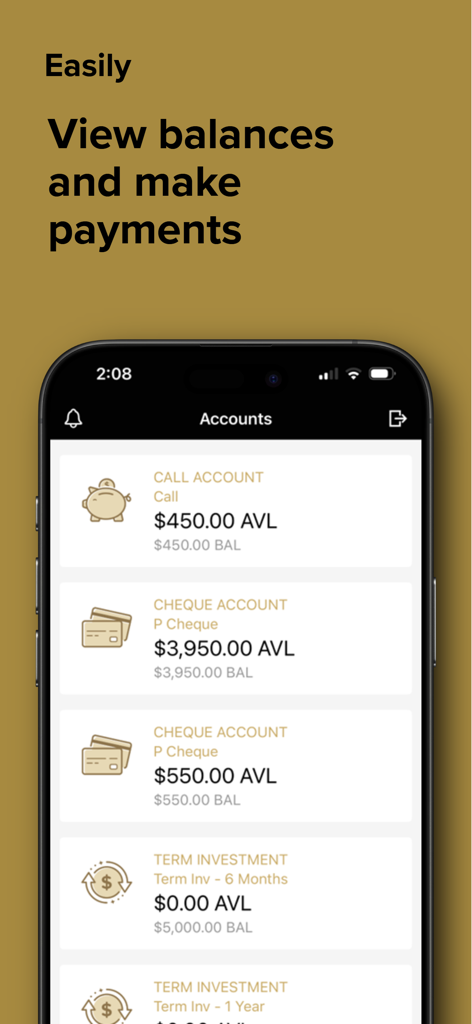 Una captura de pantalla de la aplicación NBS Banca Móvil que muestra saldos y tipos de cuentas como cuenta a la vista y cuenta corriente