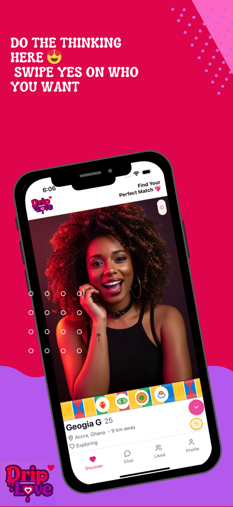 Driplove - Driplove app interface showing a young woman's profile with a swipe discovery feature.