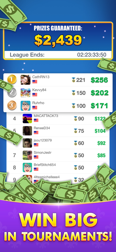 Yatzy Cash - Win Real Money - リアルマネー賞品とトーナメントのトッププレイヤーランキングが表示されている Yatzy Cash アプリのリーダーボード。