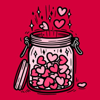 a jar filled with glowing hearts slowly opening and releasing them.