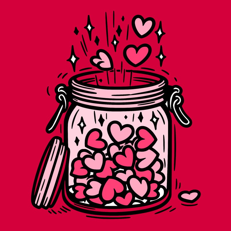 a jar filled with glowing hearts slowly opening and releasing them.