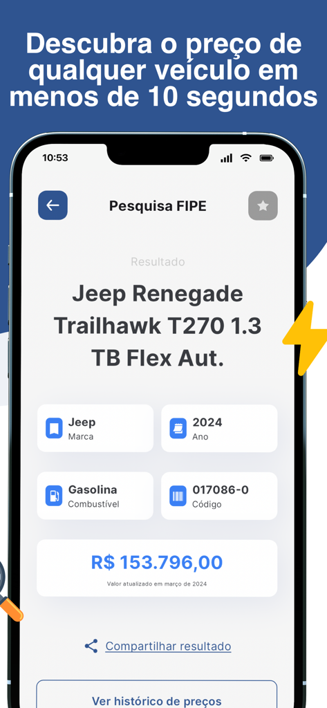 Consultar placa carro: Multa - Tela de smartphone mostrando o preço FIPE para um Jeep Renegade 2024 em um aplicativo de consulta de veículos