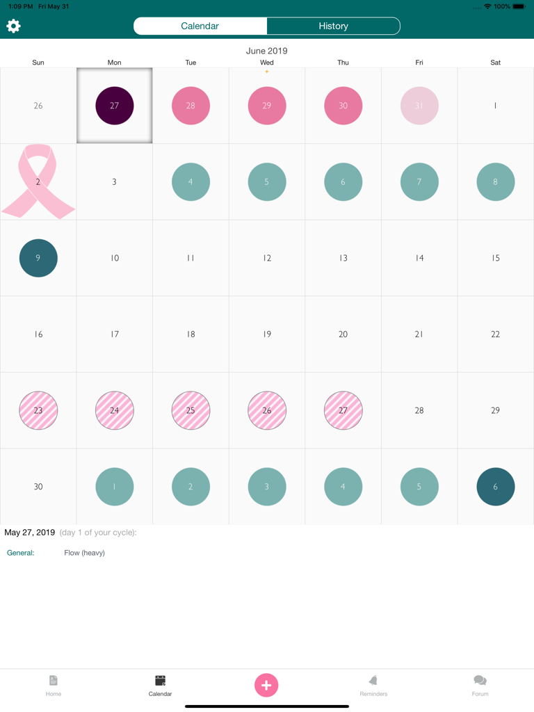 Vista de calendario del ciclo menstrual en la aplicación iPeriod Lite HD para iPad que muestra el flujo registrado y recordatorios.