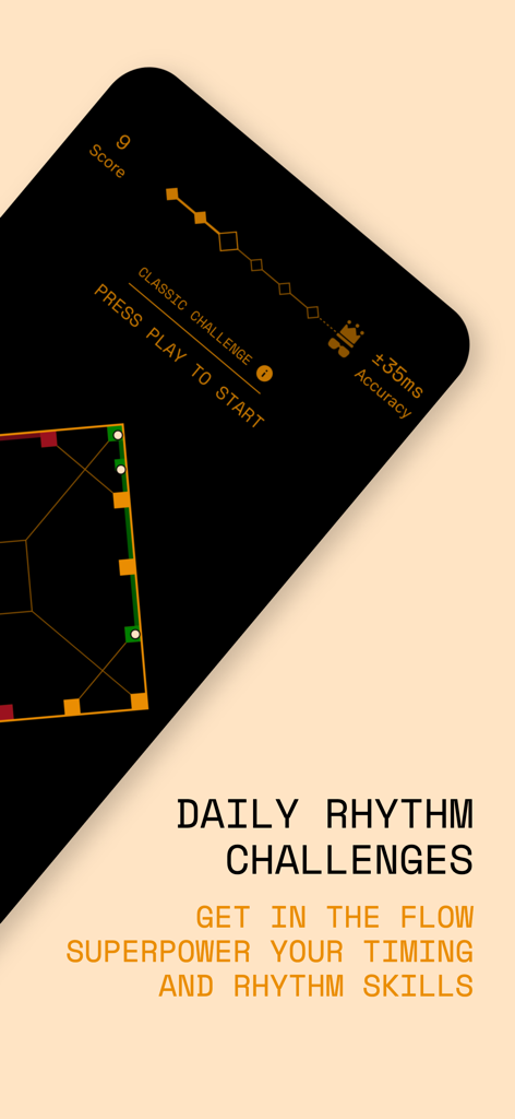 Time Hero mobile game interface showing a daily rhythm challenge with geometric visuals and timing accuracy score