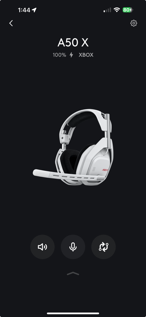 Logitech G - Logitech G app interface displaying an A50 X headset with battery level and Xbox connection status