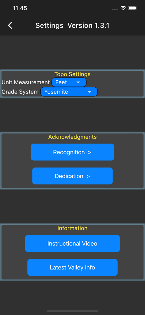 Pantalla de configuración de la aplicación Yosemite Valley Climbing Guide que muestra unidades topográficas y opciones de sistema de grados.