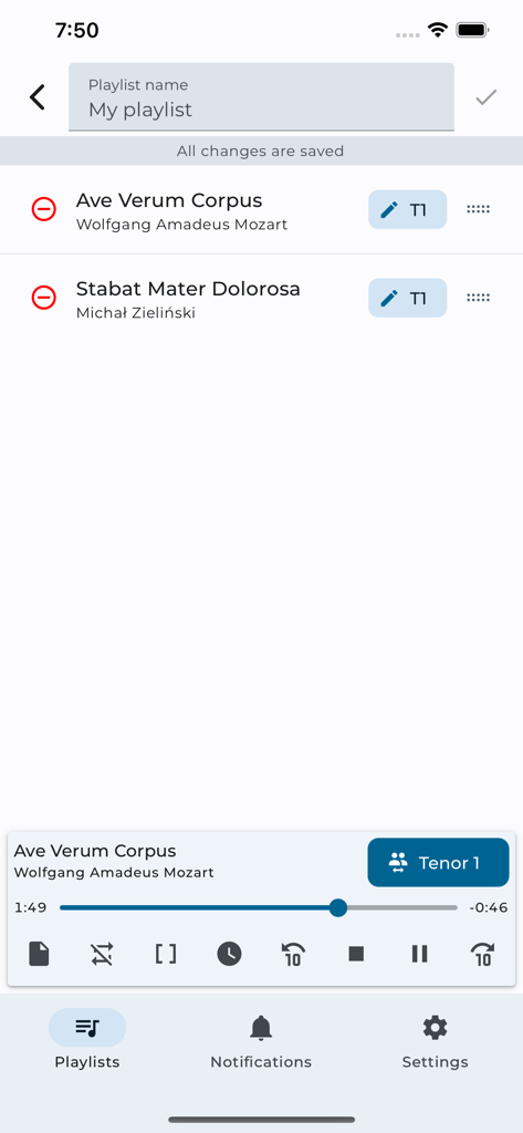 A screenshot of the Choir app interface showing a song playlist and an active audio player with specific voice part tracks