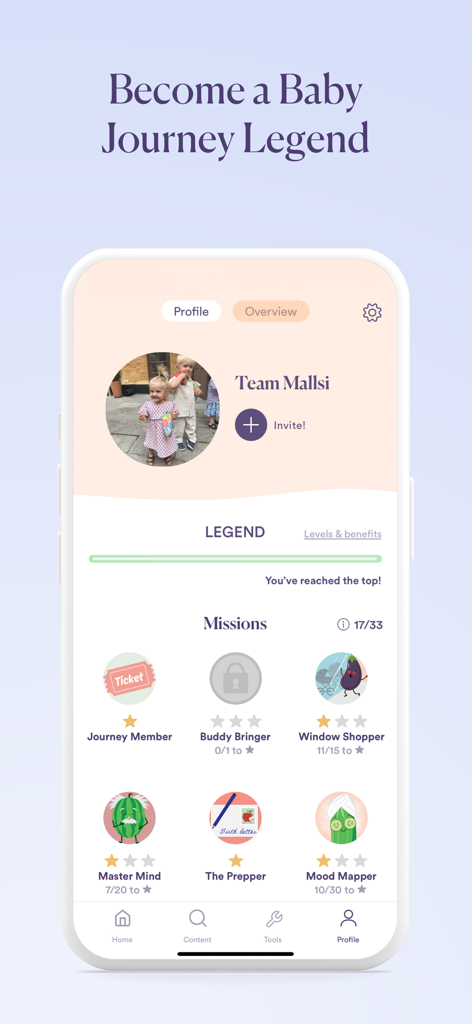 Baby Journey - Pregnant & Baby - Pagina del profilo dell'app Baby Journey che mostra le missioni dell'utente e lo stato della leggenda