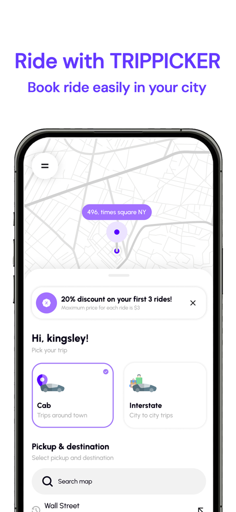 TripPicker:Web3 Mobility - TripPicker mobile app interface for booking urban and interstate rides with reward offers