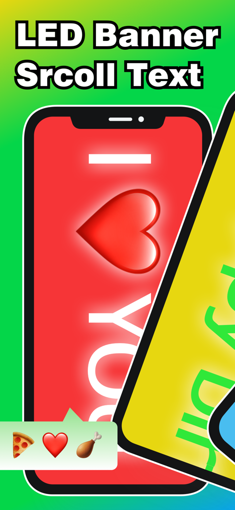 LED Banner - Banner Display + - Mobile app interface showing scrolling LED text and heart emoji on a smartphone screen