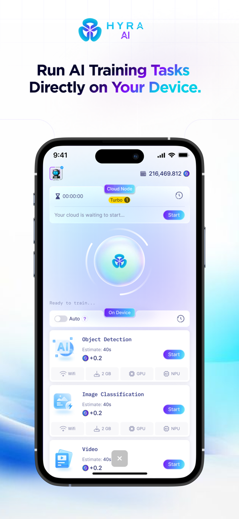 HYRA AI - AI on Edge Computing - Smartphone screen showing the HYRA AI app interface with on-device AI training tasks like object detection and image classification